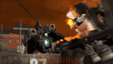 a blurry picture of a man with a flamethrower and the number 07 on the bottom right