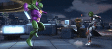 a video game scene with a green dragon and a purple superhero