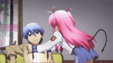a girl with pink hair has a tail on her tail
