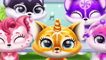 a group of cartoon animals are standing next to each other and one of them has a unicorn horn on its head .