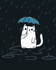 a cat with an umbrella in the rain