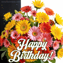 a bouquet of flowers with the words happy birthday written on it