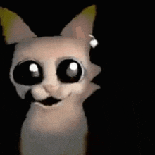 a cat with big eyes and a man in a lab coat in the background