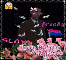a picture of a man in a military uniform surrounded by pink flowers with the words happy birthday to you on the bottom