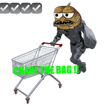 a cartoon character pushing a shopping cart with the words " chase the bag " on it