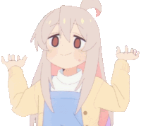 a girl with long white hair is wearing a yellow sweater and overalls