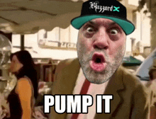 a man with a beard wearing a hat that says blizzard pump it