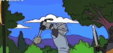 a cartoon of a knight with a sword and a mace