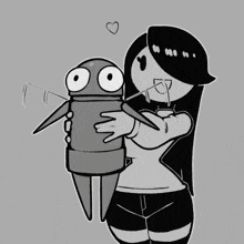 a black and white drawing of a girl hugging a cartoon character with the word repo on the bottom right
