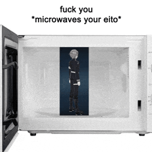 a microwave with a picture of a man and the words " fuck you * microwaves your eito * " on top