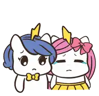 a cartoon drawing of two ponies with the words " don 't cry " above them