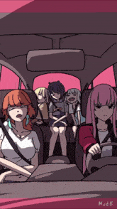 a cartoon drawing of a group of girls in a car with the word mode at the bottom left