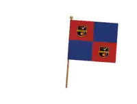 a small red and blue flag with a shield that says ' armourella ' on it
