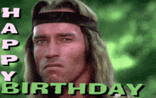 arnold schwarzenegger is wearing a headband and has the words happy birthday written below him