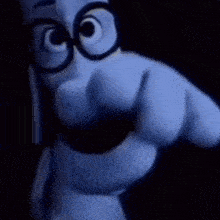a blue cartoon character with glasses is pointing at the camera .