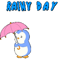 a cartoon penguin holding a pink umbrella with the words rainy day below it