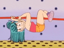 a cartoon girl with blue hair is hanging upside down on a bar .