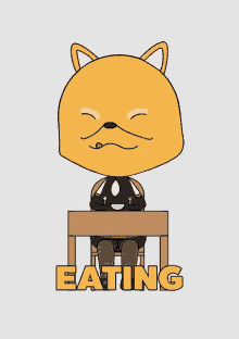 a cartoon of a cat sitting at a table with the word eating underneath it