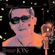 a man wearing sunglasses stands in front of a microphone with the name jon below him