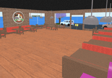 a computer generated image of a diner with tables and chairs and a sign that says pizza hut
