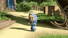 a cartoon character is walking down a path in a park