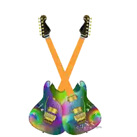 two guitars are crossed over each other on a white background and the name joe smith is on the bottom right