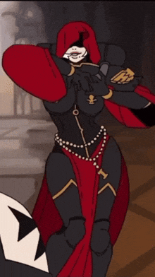 a cartoon of a woman in armor with a red cape and a necklace with the letter h on it