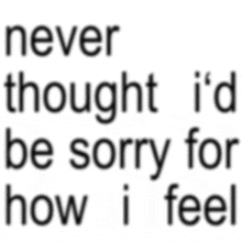 a black and white text that says never thought i 'd be sorry for now i feel