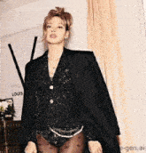 a woman is wearing a black jacket and tights .