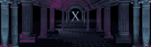 a dark room with columns and the number xii written on the wall