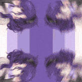 a girl with purple hair is standing in front of a purple and white striped background