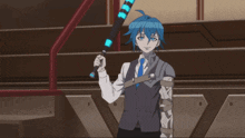 a blue haired anime character is holding a sword