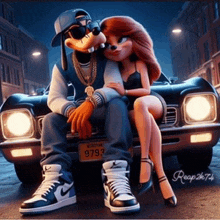 a couple of cartoon characters sitting on the back of a car with a license plate that says 979.7