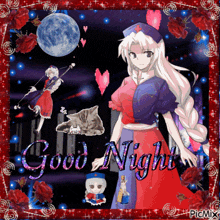 a picture of a girl and a cat with the words good night on it