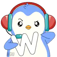 a penguin wearing headphones holds the letter w in its mouth