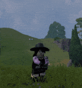 a lego figure standing in a grassy field with a black hat on