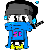 a cartoon character is wearing a blue hoodie with a pink letter s on it .