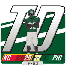 a football player stands in front of a large number 70