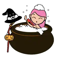 a cartoon of a witch in a cauldron