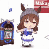 a little girl is standing next to a jukebox and dancing .