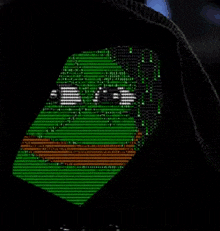 a person is wearing a black hoodie with a green screen on it that looks like a turtle .