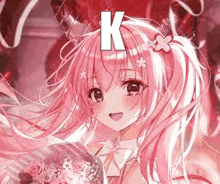 a pink haired anime girl is holding a bouquet of flowers and balloons .