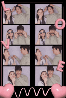 a man and a woman are posing for a photo in a photo booth with pink hearts and the word love on it