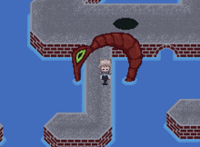a pixel art drawing of a person standing next to a worm with a green eye