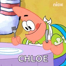 patrick star from spongebob squarepants holding a fork and knife with the name chloe on the bottom
