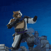 a video game character with a badge that says ' rocket raccoon '