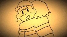 a black and white drawing of a boy hugging a girl