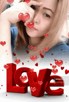 the word love is surrounded by red hearts and a woman