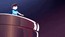 a boy in a blue shirt stands on a purple surface
