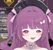 a girl with purple hair is smiling in front of a screen that says pex kills 195